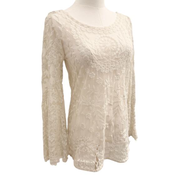 Free People Sheer Cream Lace Long Bell Sleeve Top Embroidery Floral Crochet XS - Picture 7 of 10